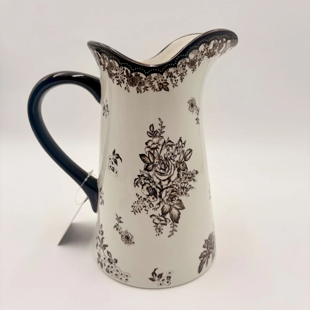 Robert Stanley Fall Classics Brown White Floral Toile Ceramic Pitcher Scalloped